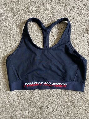 Tommy Hilfiger Black Racerback Sports Bra with Red & White Logo Band